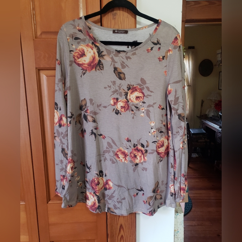 BOMBOM Taupe Tan Floral Long Sleeve Top Soft USA Made XL